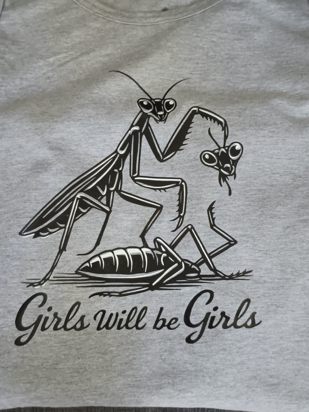 Gildan Gray Short Sleeve Tee with Black Praying Mantis Graphic